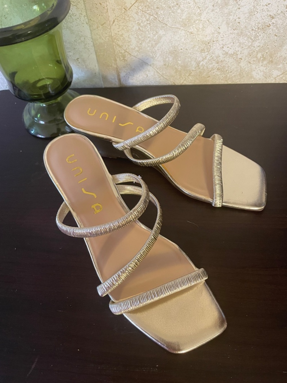 Unisa Gold Metallic Triple-Strap Slide Sandals